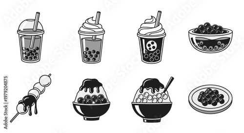Bubble Tea and Dessert Icons Set: Boba, Shaved Ice, Dango, Drinks