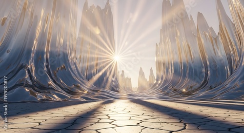 Abstract Sunlit Landscape with Reflective Structures