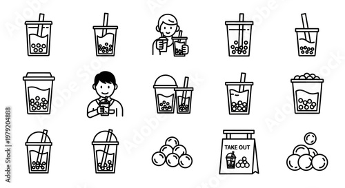 Bubble Tea Icon Set: Drinks, People, and Take Out