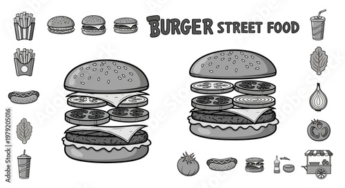 Burger Street Food Ingredients Exploded View Black and White Illustration