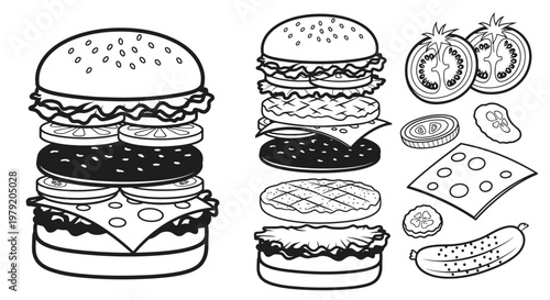 Burger ingredients illustration - black and white line art