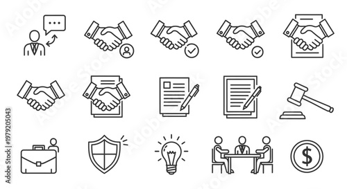 Business Agreement Icons: Handshake, Contract, Deal, Law, Idea, Finance