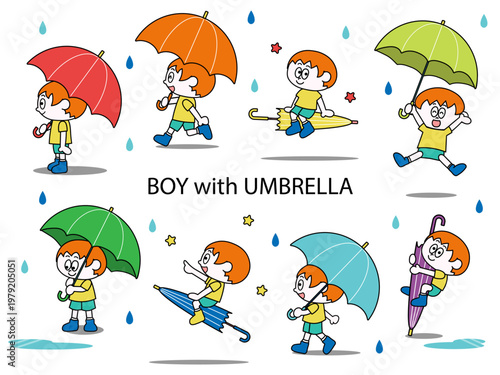 傘を持った子どものイラストセット（男の子）（ベクター）