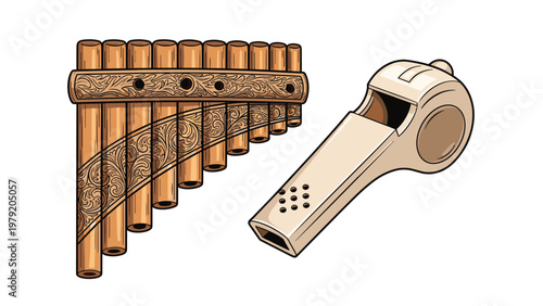 Traditional pan flute and whistle musical instruments illustration depicted in a detailed hand drawn style.