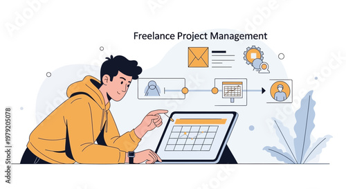 Freelance Project Management: Man planning tasks on tablet, workflow illustration