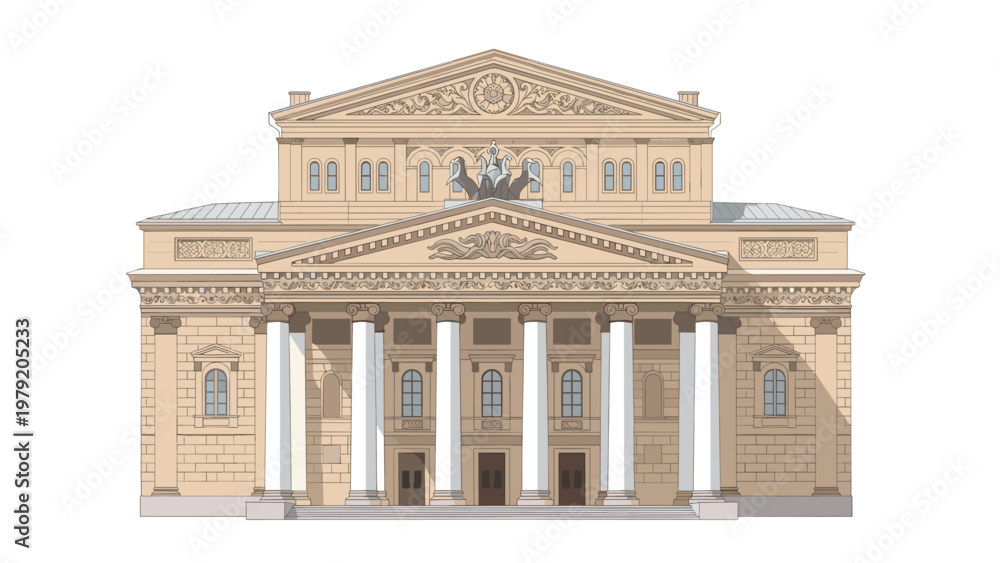 Obraz premium Detailed architectural illustration of the Bolshoi Theatre facade in Moscow featuring classical Greek columns.