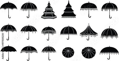 Umbrella silhouettes, canopy icons, parasol designs, pagoda roof shapes, circus tent illustration, black vector set, decorative umbrella collection