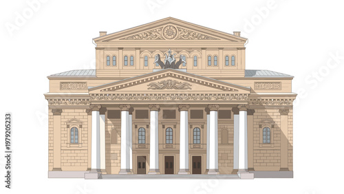 Detailed architectural illustration of the Bolshoi Theatre facade in Moscow featuring classical Greek columns.