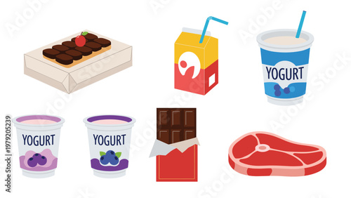 Variety of food and grocery items including yogurt cups, chocolate bars, fruit snacks, and a piece of raw meat.