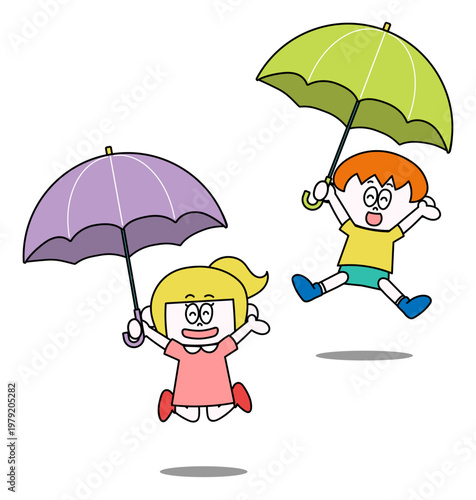 傘を持ったこどもたち③（ベクター）
