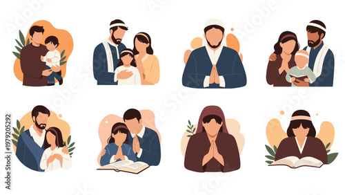 Muslim family members engaged in religious activities such as prayer and reading together in a peaceful setting.