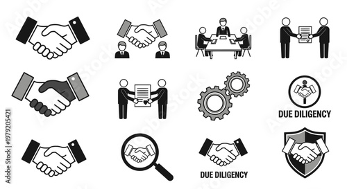 Business Partnership Icons: Handshake, Meeting, Agreement, Due Diligence