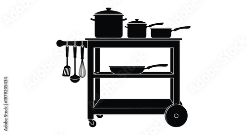 Black and white illustration of a kitchen cart with cookware and utensils