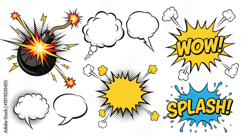 Colorful comic book elements featuring speech bubbles explosions and sound effects like wow and splash.