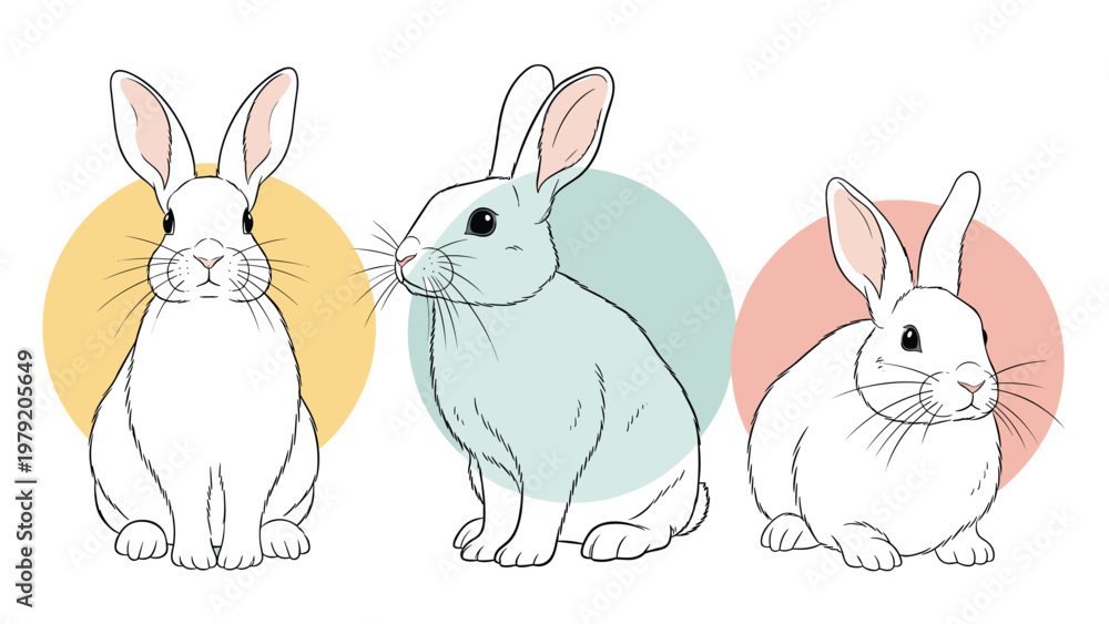 Fototapeta premium Adorable white rabbits presented in different poses within soft pastel circles for a gentle animal theme.