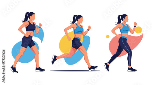 Female athletes shown in a sequence of running movements to illustrate proper form and fitness motivation.