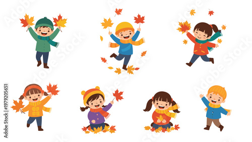 Happy kids playing in the park during autumn season tossing fallen maple leaves and wearing warm winter clothes.