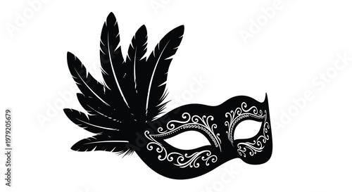 Elegant black masquerade mask with feather embellishments and ornate details