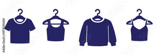 Clothes hanger icon set. Tee shirt with hanger sign. Fabric sport wear symbol. Laundry and Fashion .Tee shirt with hanger sign. Fabric sport wear symbol. Vector