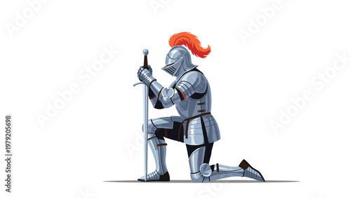 Medieval knight in full plate armor kneeling with his hands resting on the hilt of a long sword in devotion.