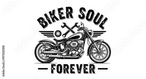 Biker Soul Forever Motorcycle Emblem with Wings and Tools.
