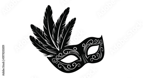 Elegant black venetian mask with ornate feather details isolated on white