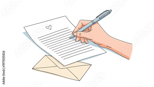 Human hand writing a romantic love letter on paper with a pen next to an envelope on a white background.