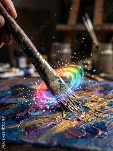 Artistic Brushstroke with Colorful Glowing Digital Aura