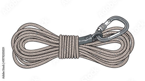 Coiled climbing rope with a metal carabiner clip attached at the end for rock climbing and safety gear.