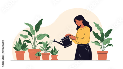 Young woman taking care of her indoor garden by watering several potted house plants with a watering can.