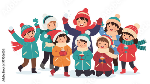 Group of happy children in warm winter outfits holding cups of hot chocolate and playing together in the snow.