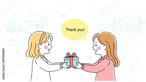 Little girl giving a wrapped gift box to her friend who says thank you in a speech bubble during playtime.