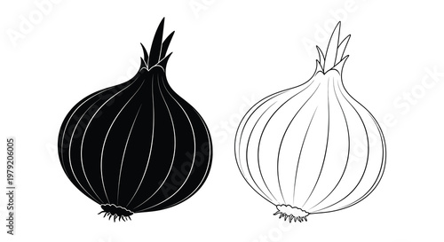Two onions illustrated in contrasting black and white line art styles