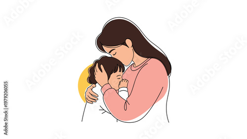Loving mother embracing her child in a warm and comforting hug against a simple background with a sun motif.
