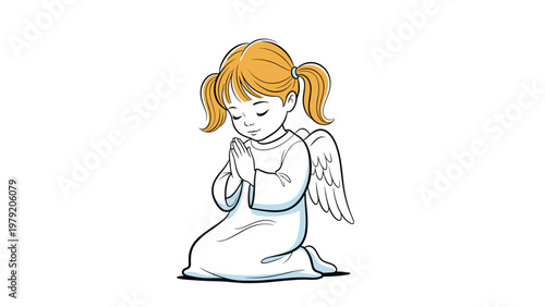Sweet little girl with pigtails dressed as a praying angel with white wings kneeling on the ground in peace.