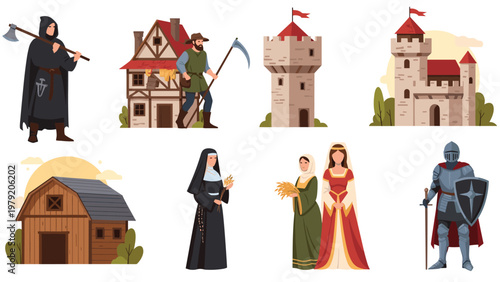 Collection of medieval characters and architecture featuring a knight, royalty, peasants, a castle, and traditional farm structures.
