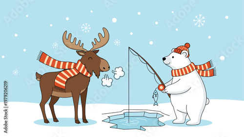 Friendly moose and a polar bear in winter gear enjoy a day of ice fishing together in a snowy arctic landscape with falling flakes.