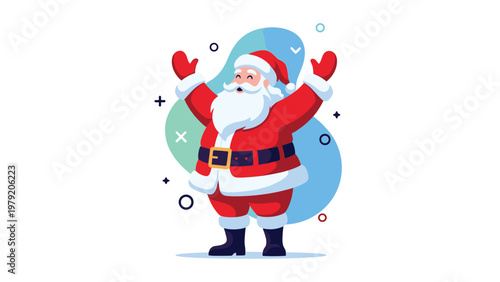 Jolly Santa Claus stands with his arms wide open in a cheerful pose with colorful abstract shapes and symbols in the background.