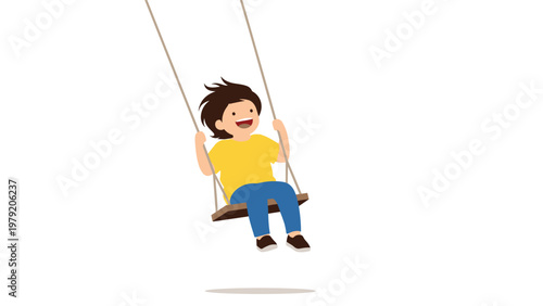 Happy young boy with messy hair experiences pure joy while swinging high on a simple wooden swing set against a white background.