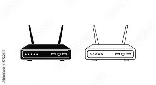 Wireless router icon set black solid and white outline versions shown