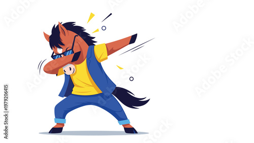 Cool horse character wearing sunglasses and stylish blue clothes performs a popular dab dance move in a fun vector illustration.