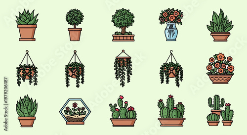 Vászonkép Collection of Potted Plants and Flowers, Pixel Art Style
