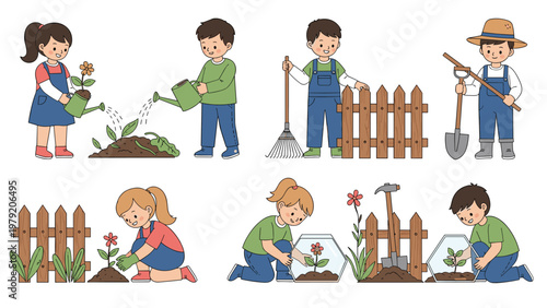 Set of diverse children engaging in various gardening activities such as watering plants, raking leaves, and planting flowers.