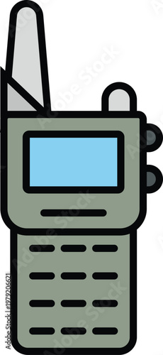 Gray portable two-way radio walkie-talkie device with antenna and screen, flat design vector illustration