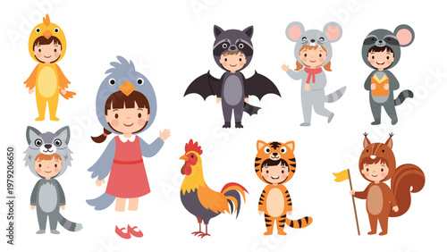 Group of adorable children dressed in various animal costumes including a bird, raccoon, bat, mouse, wolf, rooster, tiger, and squirrel.