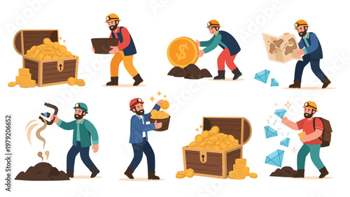 Collection of hardworking miners discovering and carrying treasure chests, gold coins, large gems, and ancient maps in a cave.