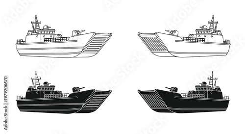 Black and white illustrations of landing craft vessels in varying perspectives