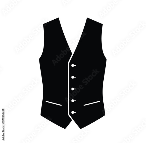 A simple black silhouette illustration of a classic men s waistcoat