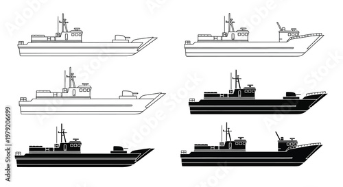 Line art depiction of various naval vessels in different orientations