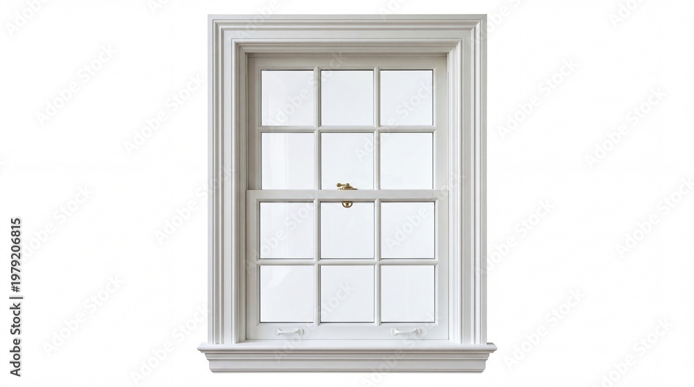 Obraz premium A classic white wooden double hung window featuring a grid pattern and a traditional sash lock